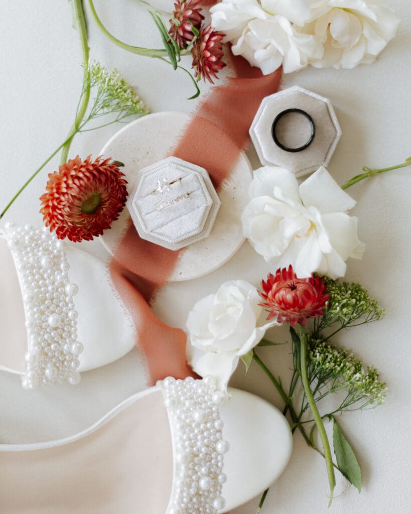 Flat lay of fall florals for White Oaks Vineyard Wedding 