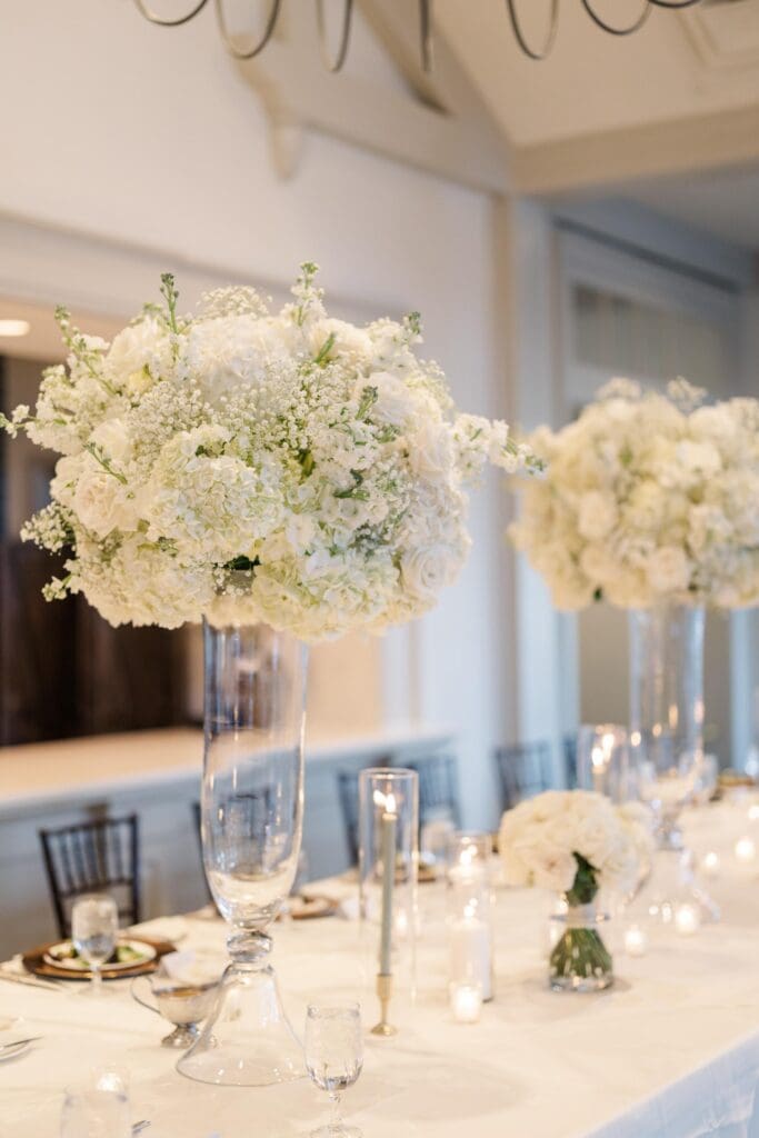 Tall white hydrangea and rose centerpieces at elegant Atlanta wedding reception