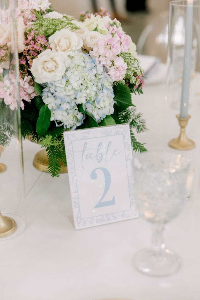 Wedding Table Number and Pastel Floral Centerpiece