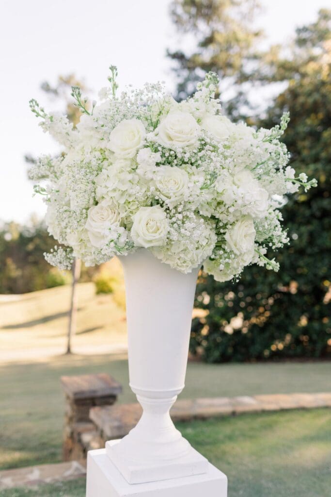 Large white hydrangea and rose ceremony urn floral arrangement at TPC Sugarloaf wedding