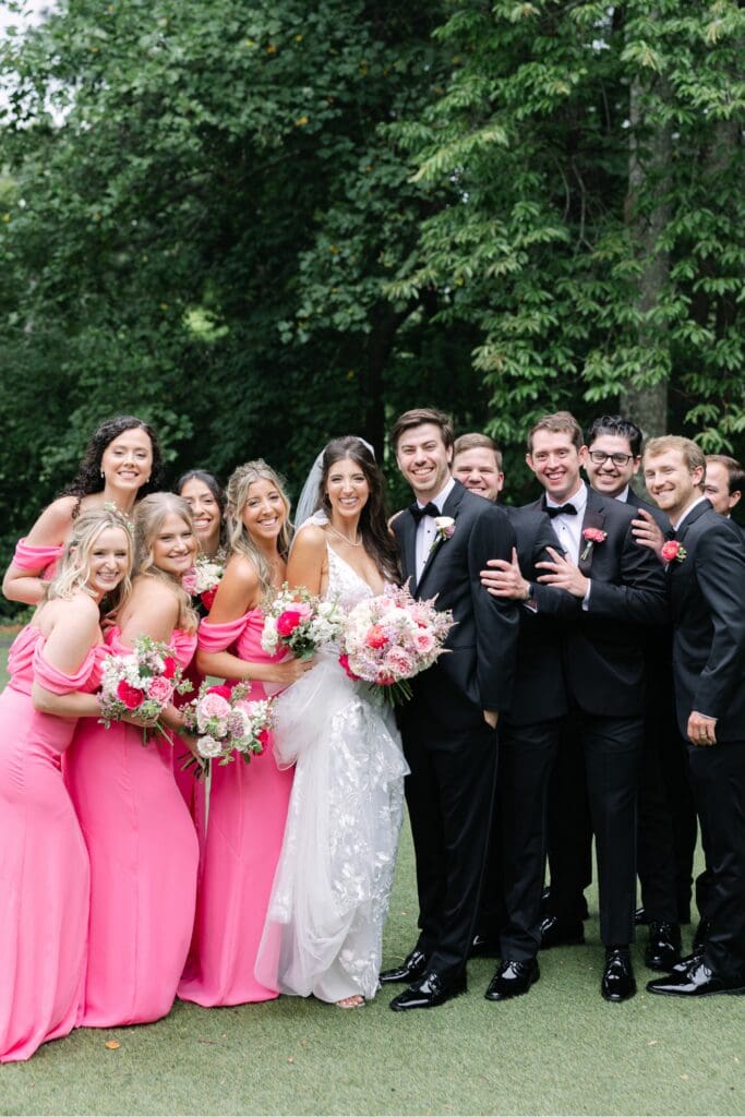 Bridal party in pink at Country Club of the South Wedding